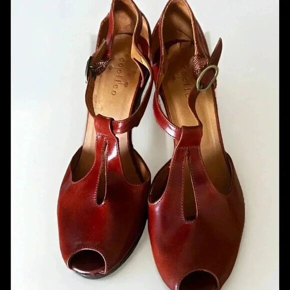 Coclico Women Block Heel Straps Peep Toe Pumps Brown Leather Size 39.5(9) - Picture 2 of 12